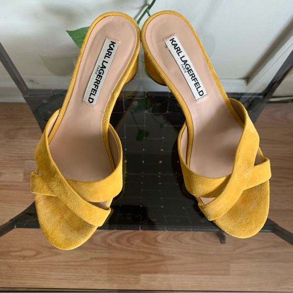 Karl Lagerfeld Fawn Yellow Leather Suede Open Toe Slide Block Heel Sandal Size 6 - Picture 15 of 15